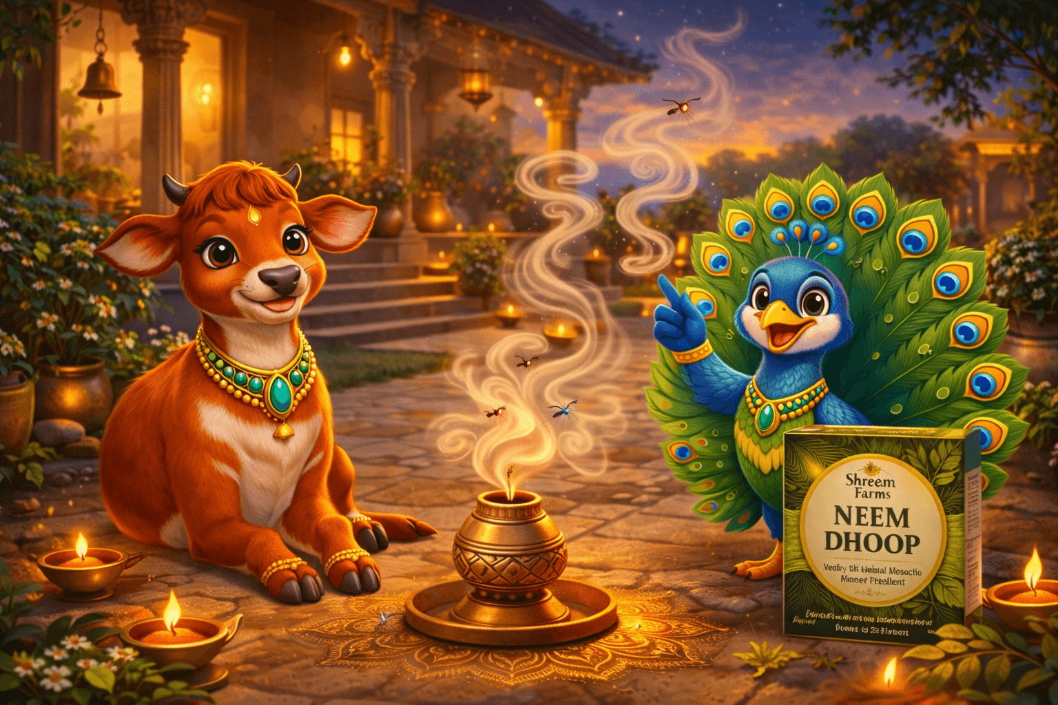 Neem dhoop batti in an evening prayer courtyard with Gauri and Mayur